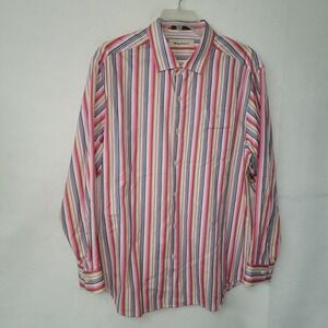 Tommy Bahama Shirt Mens XL‎ Striped Button Down Cotton Silk Pink Green Blue